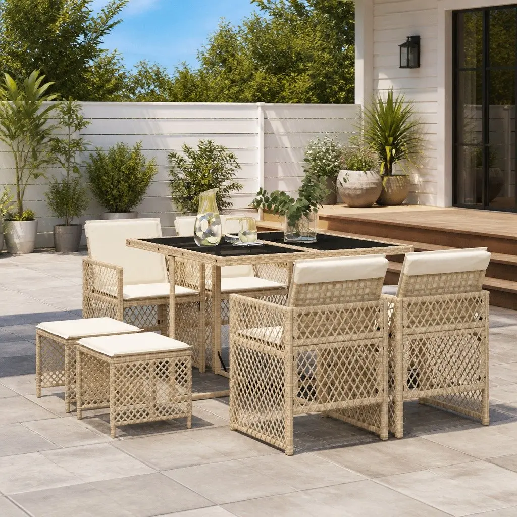 9 Piece Outdoor Garden Dining Set with Cushions Beige Poly Rattan for Patio and Backyard