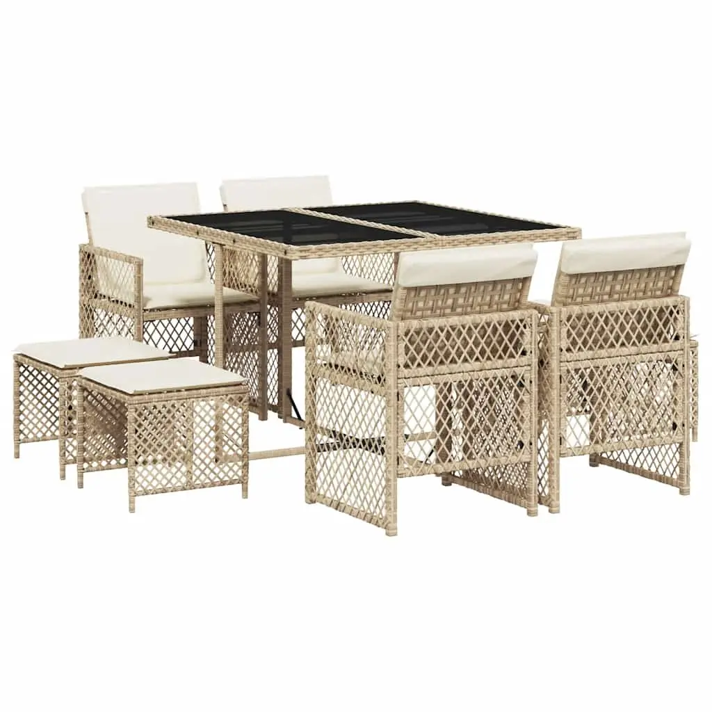9 Piece Outdoor Garden Dining Set with Cushions Beige Poly Rattan for Patio and Backyard