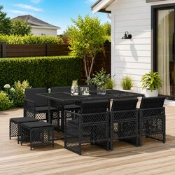 Garden Dining Set 11 Piece Outdoor Furniture with Cushions Black Rattan