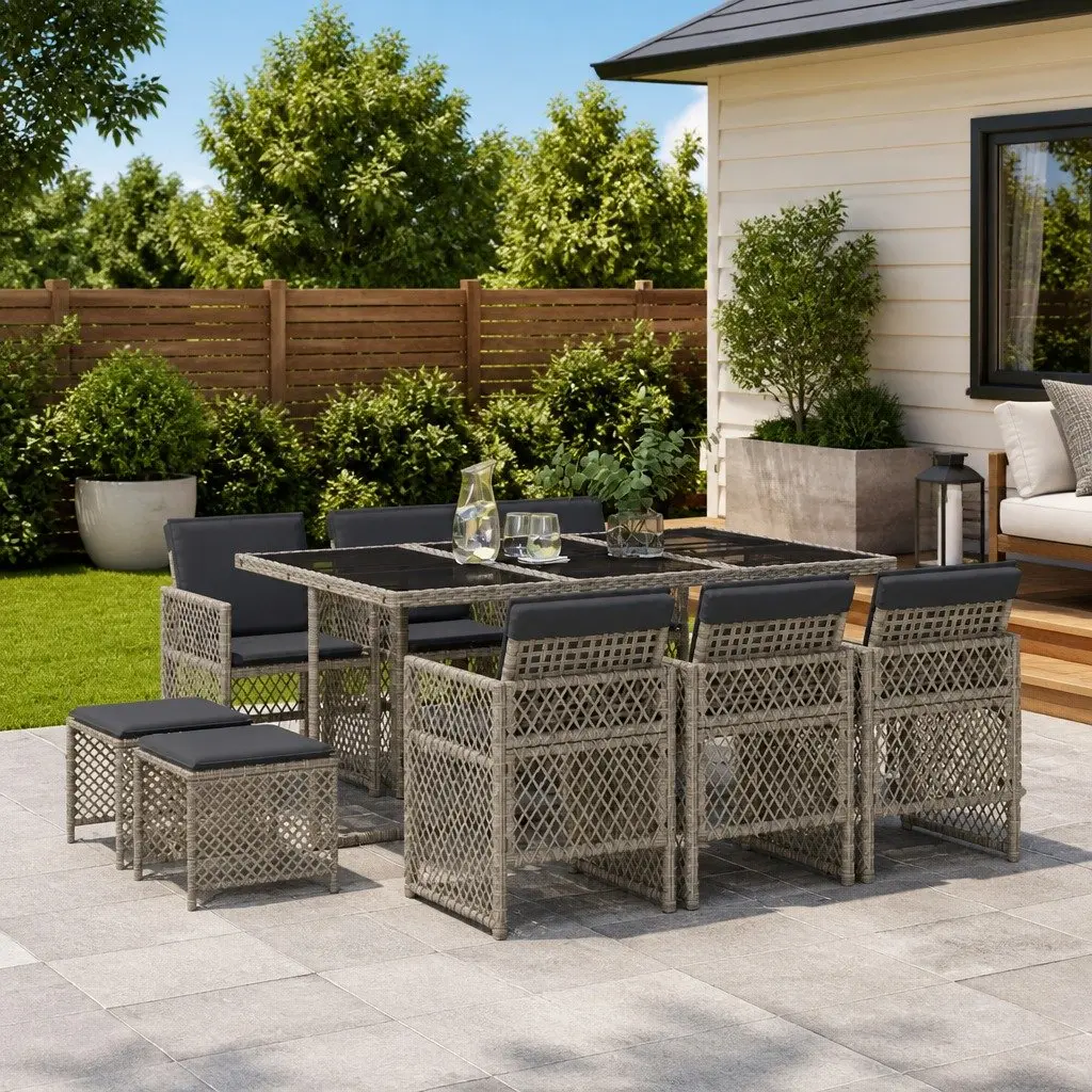 11PieceOutdoorDiningFurnitureSetGreyPolyRattanwithCushionsforGardenPatioandBackyard