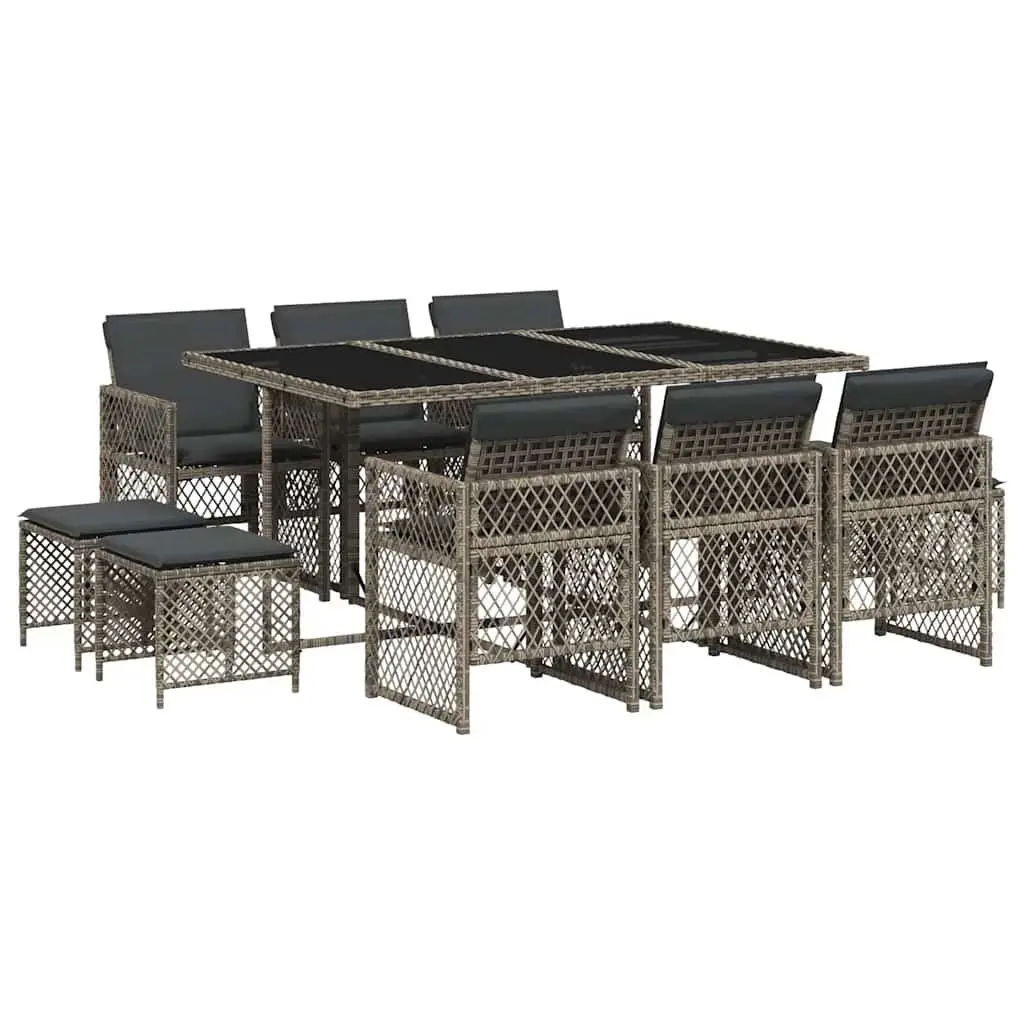 11PieceOutdoorDiningFurnitureSetGreyPolyRattanwithCushionsforGardenPatioandBackyard