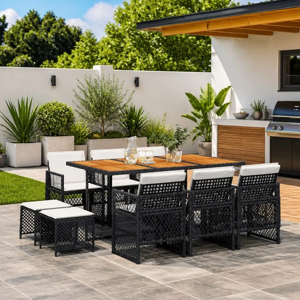 11 Piece Outdoor Garden Dining Set Poly Rattan Chairs Table Cushions Black