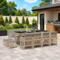 Garden Dining Set 13 Pieces: Rattan & Glass Construction