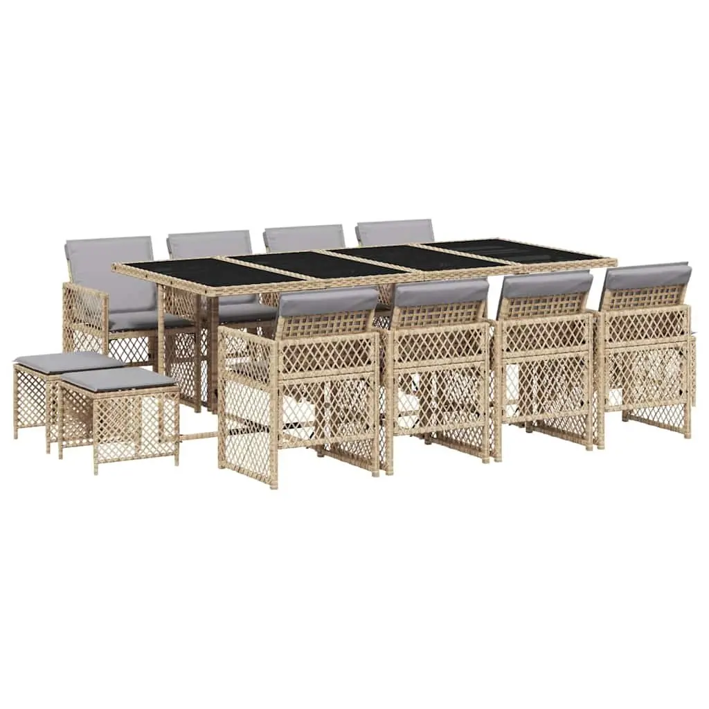 Garden Dining Set 13 Piece Outdoor Furniture Table Chairs Cushions Beige Rattan