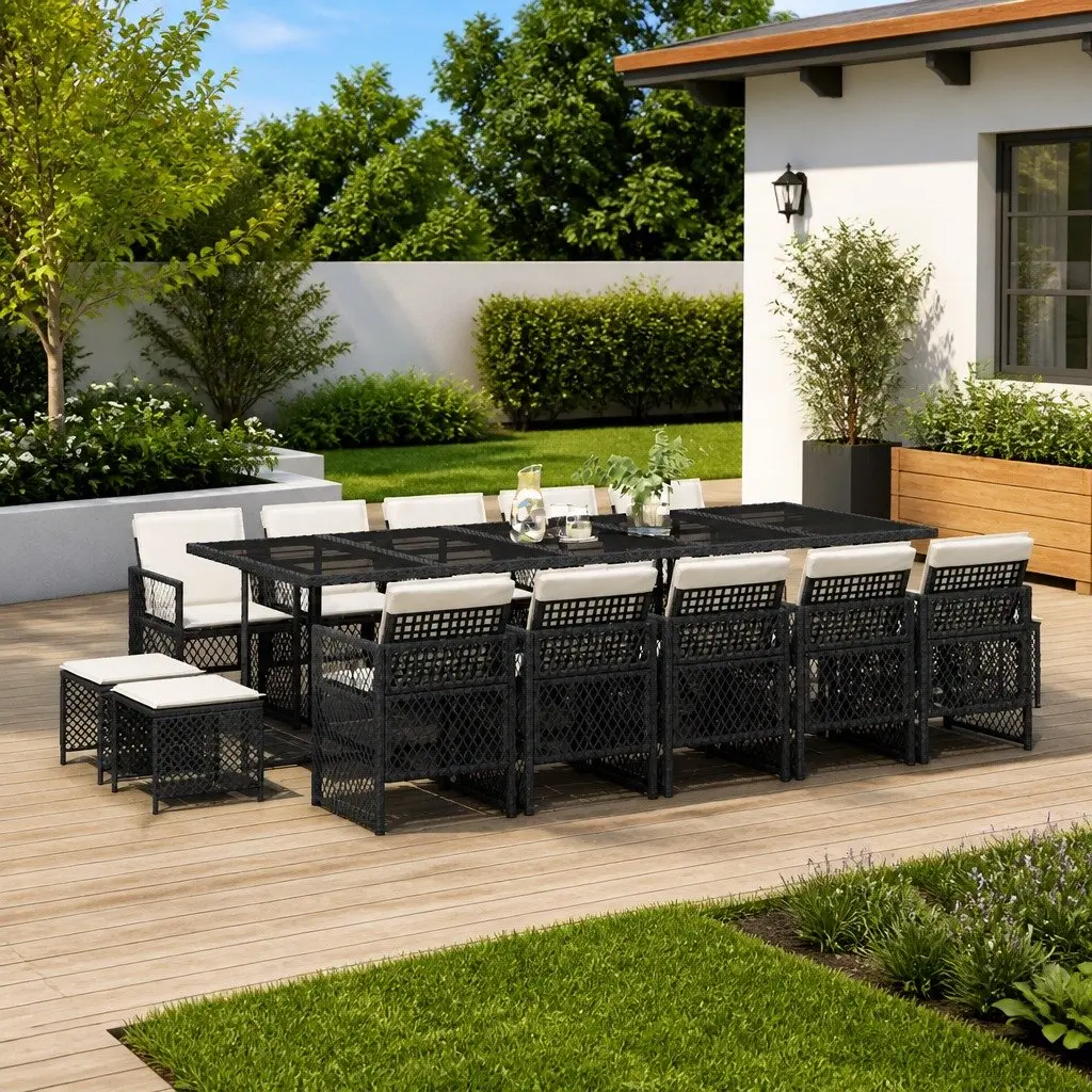 Garden Dining Set Outdoor Patio Furniture 15 Piece Black Rattan