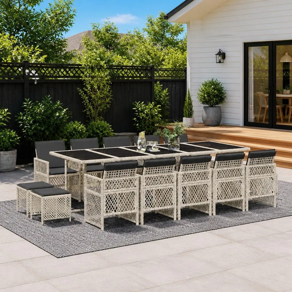 Garden Dining Set Outdoor Use 15 Piece Grey Poly Rattan Chairs Table Patio