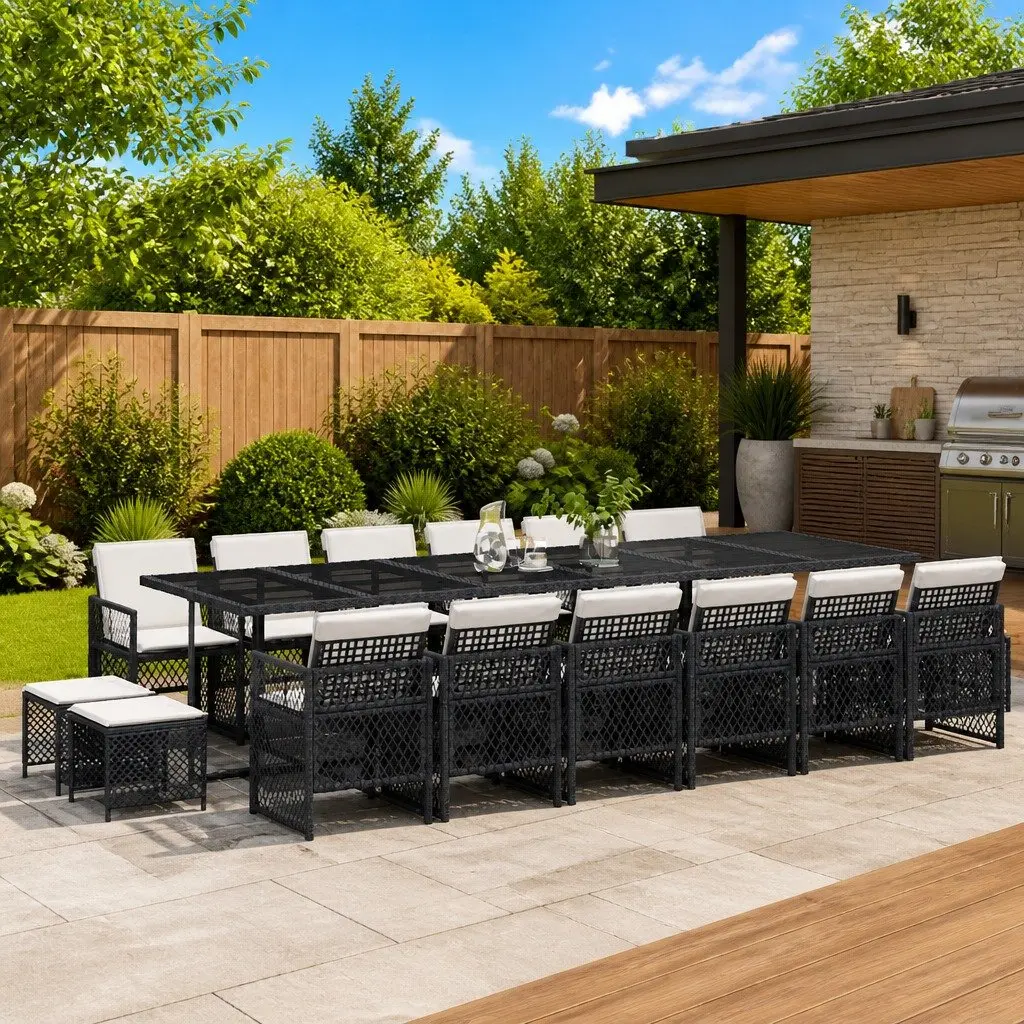 Garden Dining Set Outdoor Furniture 17 Piece Black Poly Rattan with Cushions