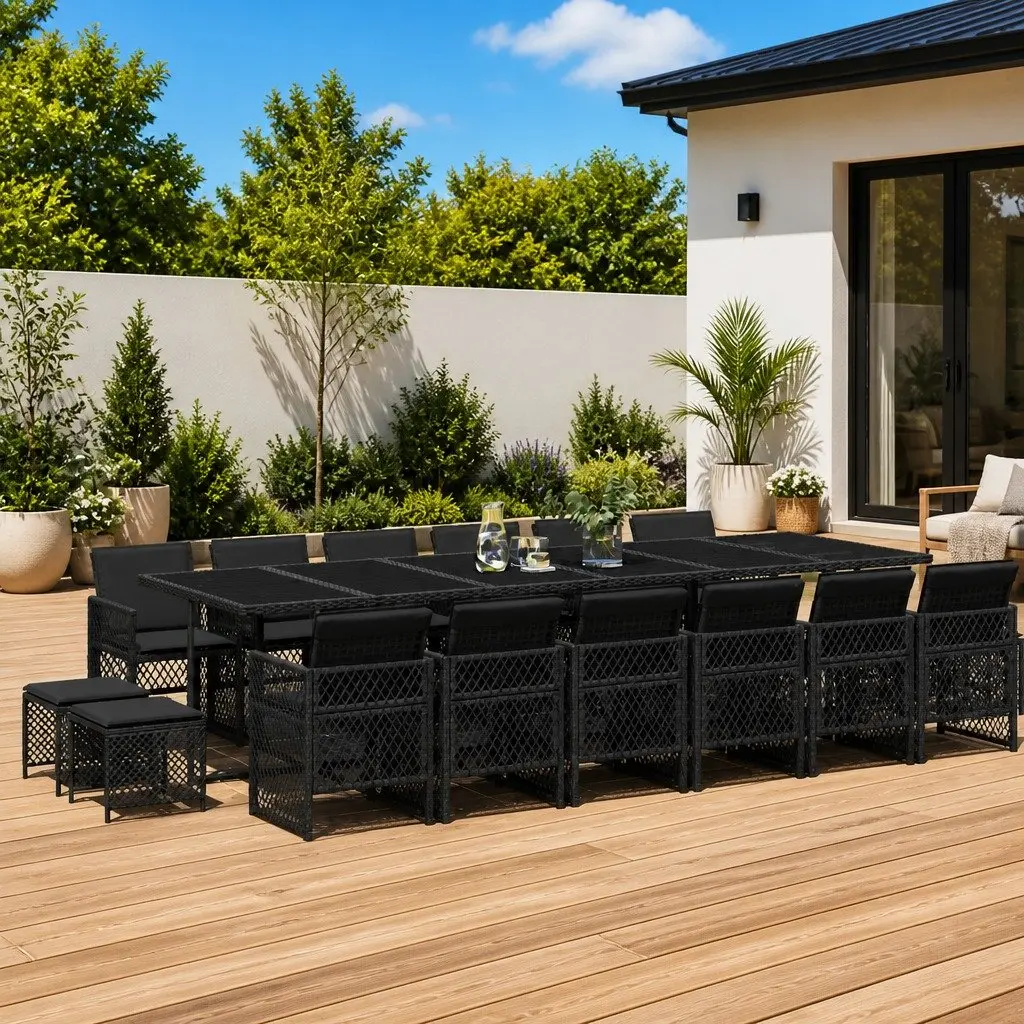Outdoor Garden Dining Set 17 Piece Black Poly Rattan Patio Furniture