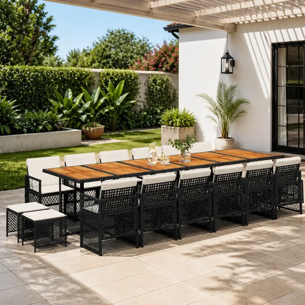 Garden Dining Set Outdoor Furniture 17 Piece Black Poly Rattan Chairs Table