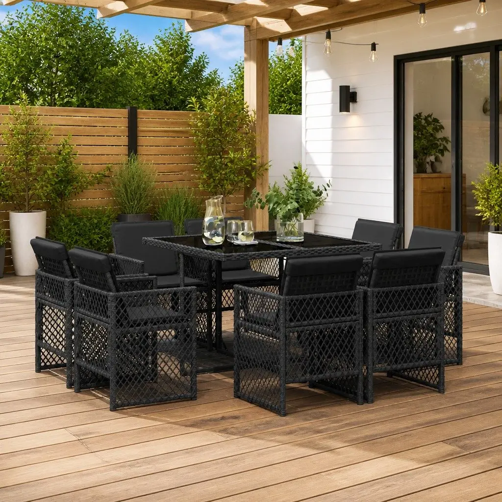 9 Piece Outdoor Dining Set with Black Rattan