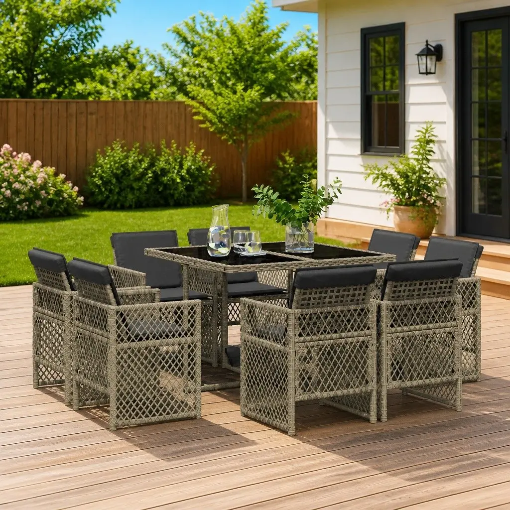 Outdoor Dining Set 9 Piece Grey Poly Rattan Patio Furniture Table Chairs