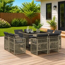 Garden Dining Set 9 Piece Grey Poly Rattan Outdoor Furniture Patio Table Chairs