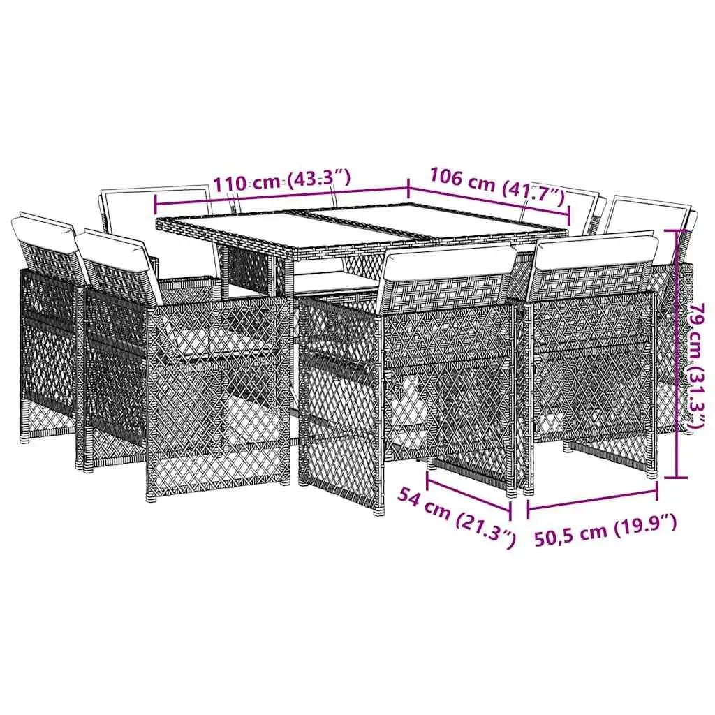 Outdoor Dining Set 9 Piece Grey Poly Rattan Patio Furniture Table Chairs