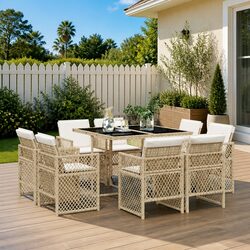 9 Piece Garden Dining Set: Beige Poly Rattan & Glass