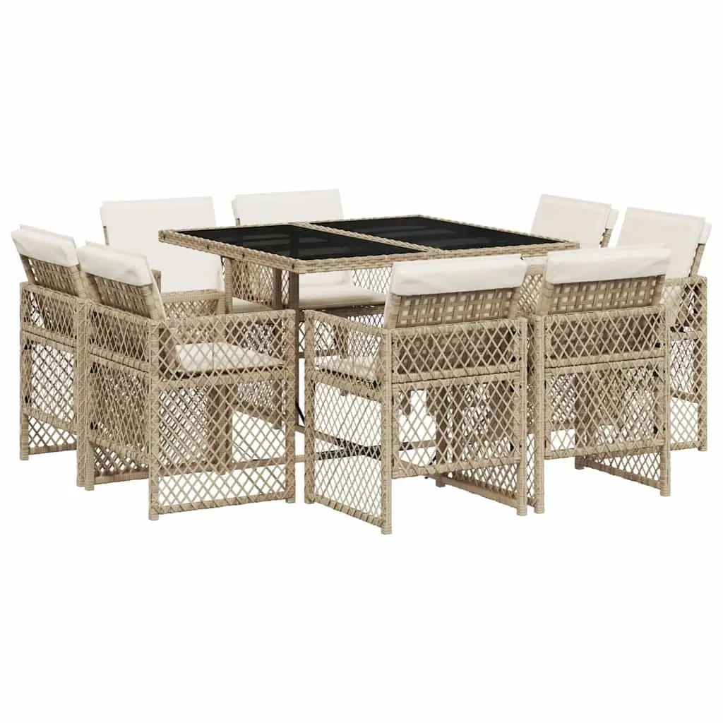 Outdoor Dining Set 9 Piece Beige Poly Rattan Chairs and Table with Cushions