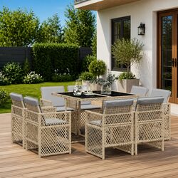 9 Piece Outdoor Dining Set Beige Poly Rattan Garden Furniture with Cushions