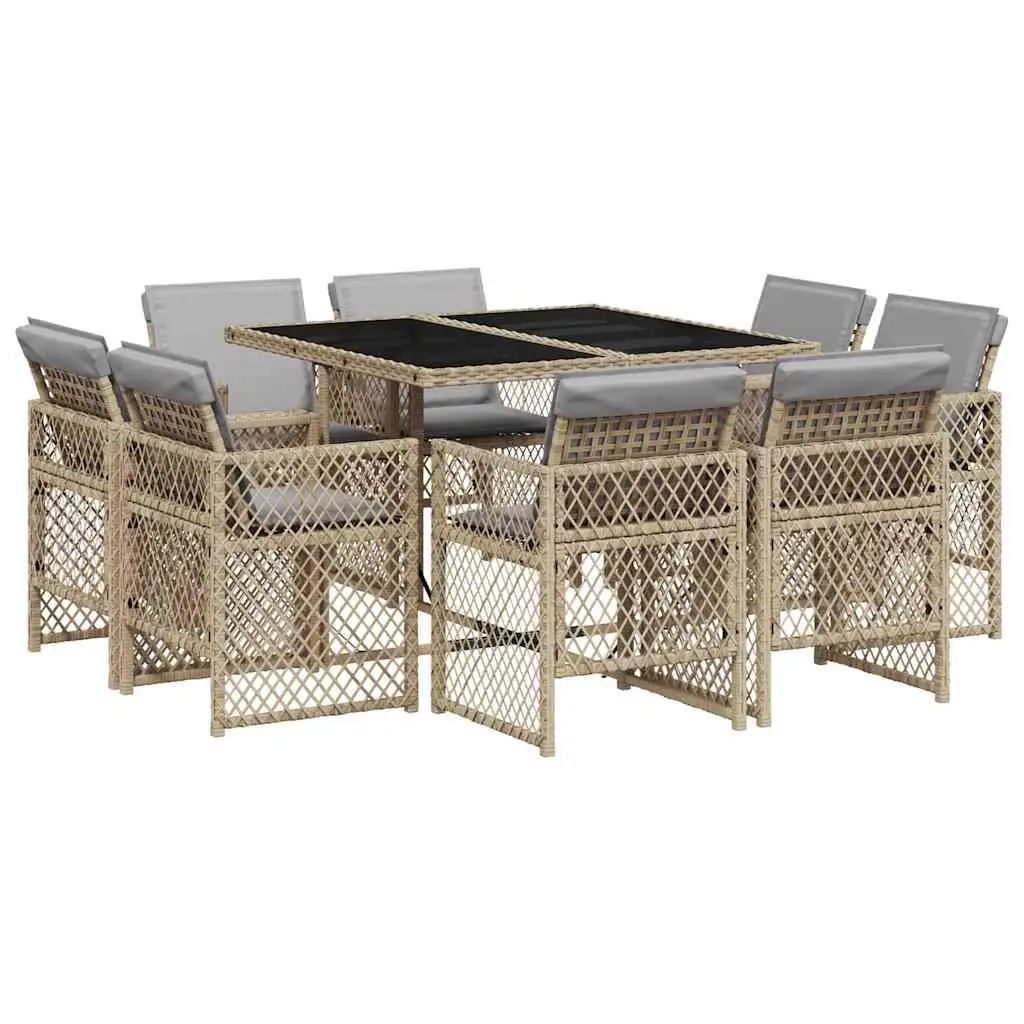9 Piece Outdoor Dining Set Patio Garden Furniture Beige Poly Rattan with Cushions