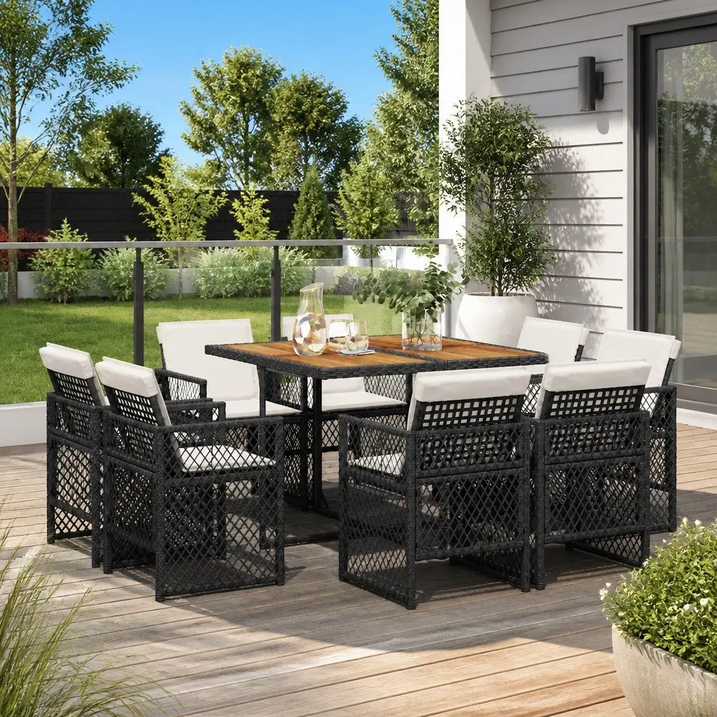 9 Piece Garden Dining Set with Cushions Black Outdoor Furniture Patio Chairs
