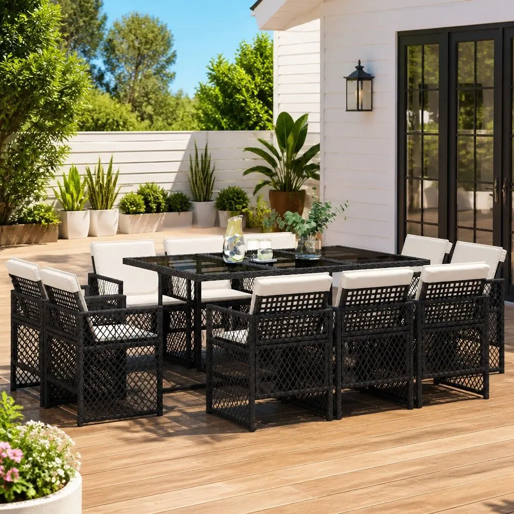 11 Piece Outdoor Dining Set for Garden Patio Black Poly Rattan Chairs Table with Cushions