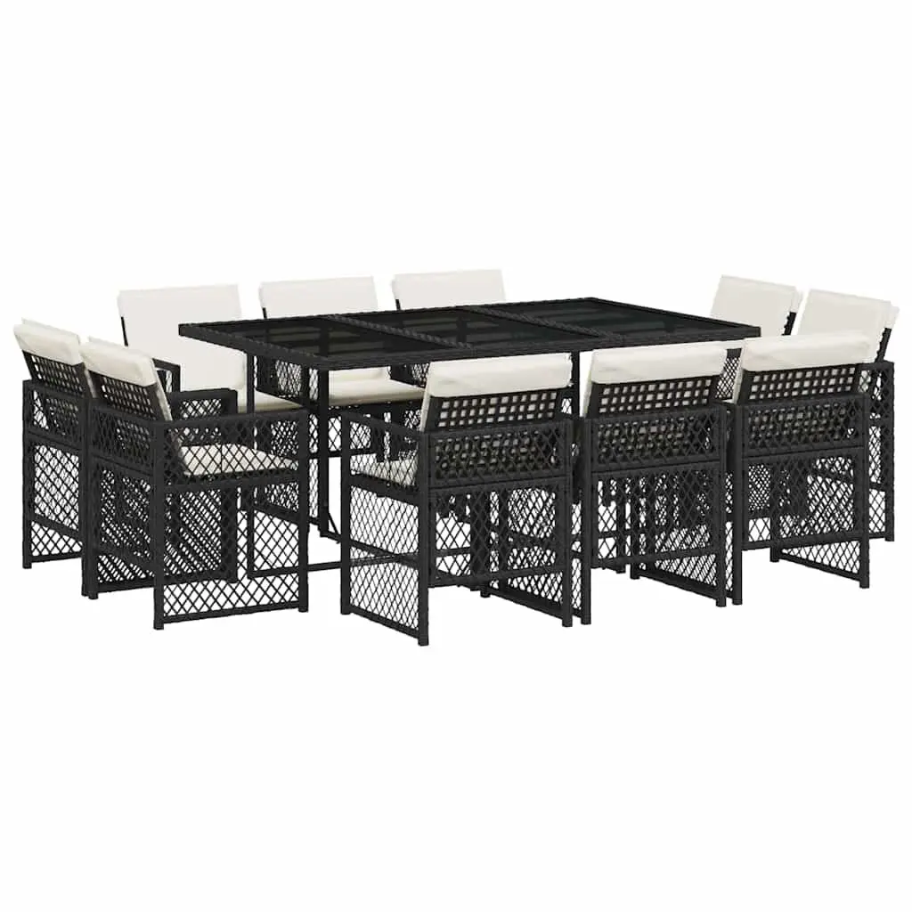 11 Piece Outdoor Dining Set for Garden Patio Black Poly Rattan Chairs Table with Cushions