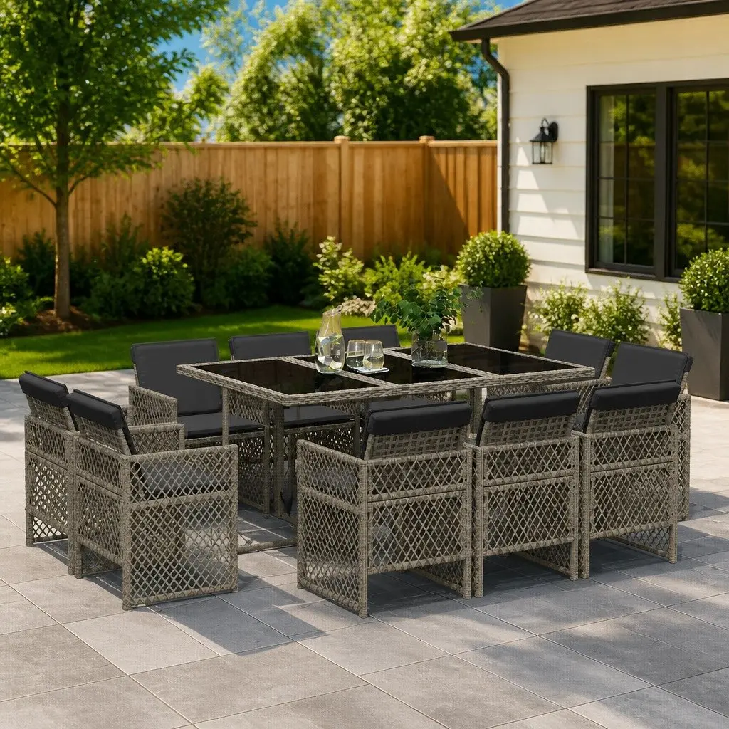 Garden Dining Set 11 Piece Outdoor Use Grey Poly Rattan Chairs Table