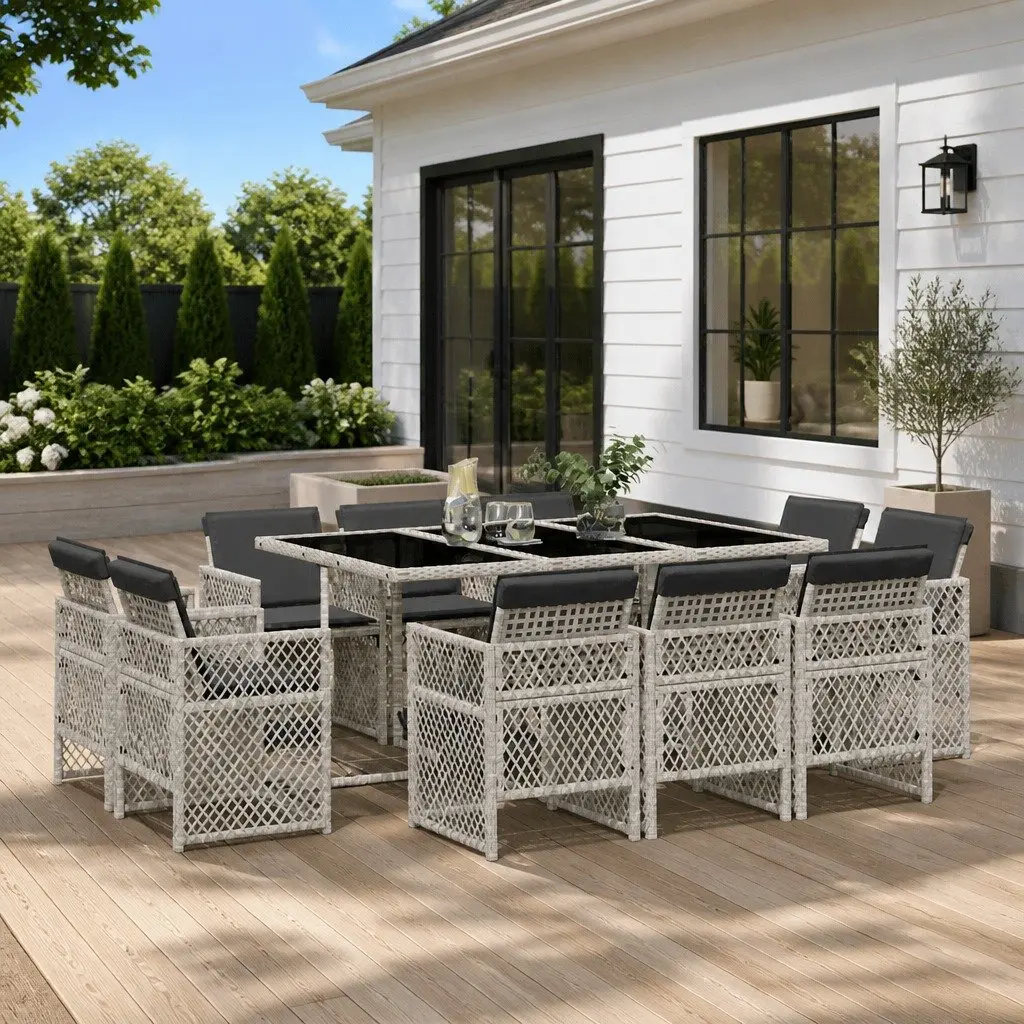 Outdoor Dining Set 11 Piece Grey Poly Rattan Garden Furniture for Patio with Cushions