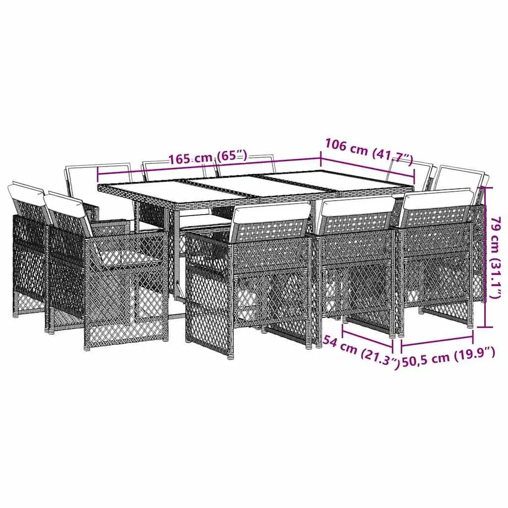 Outdoor Dining Set 11 Piece Grey Poly Rattan Garden Furniture for Patio with Cushions