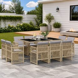 Outdoor Dining Set 11 Piece Garden Furniture Beige Poly Rattan Patio Table