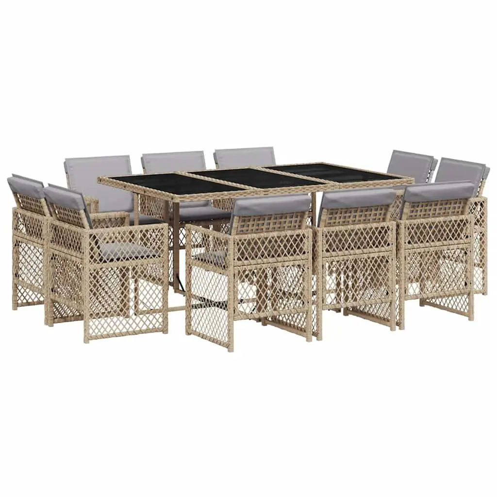 11 Piece Beige Poly Rattan Outdoor Dining Set Garden Furniture with Table and Thick Cushions for Patio Use