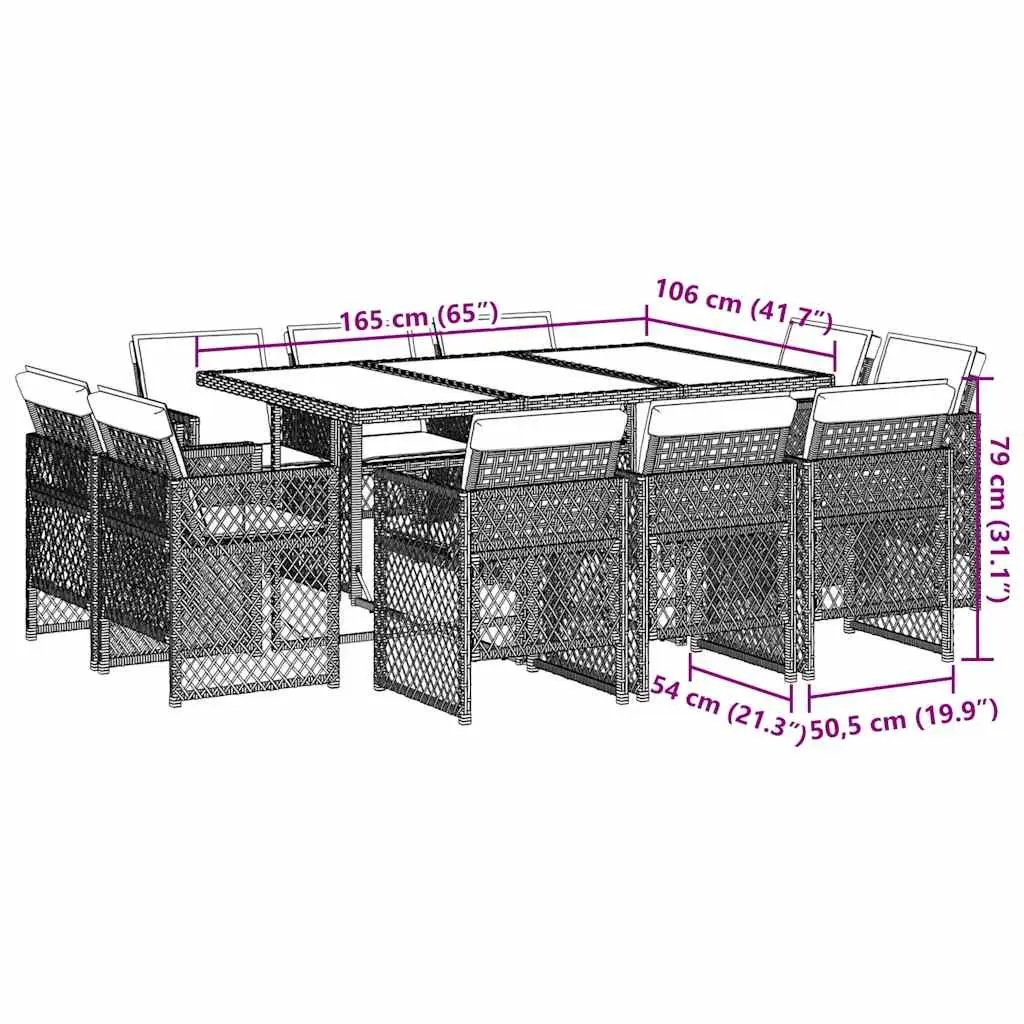 11 Piece Beige Poly Rattan Outdoor Dining Set Garden Furniture with Table and Thick Cushions for Patio Use