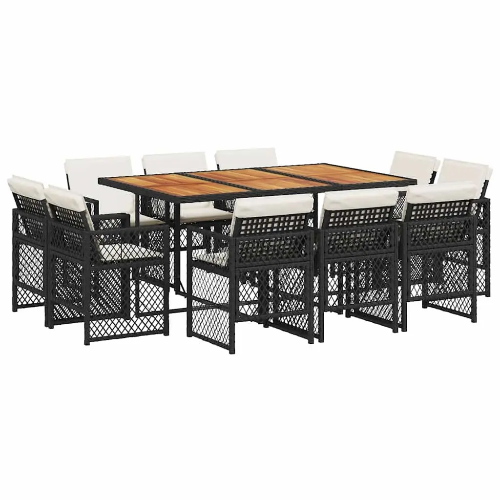 Outdoor Dining Set 11 Piece Garden Furniture Black PE Rattan Chairs Acacia Wood Table