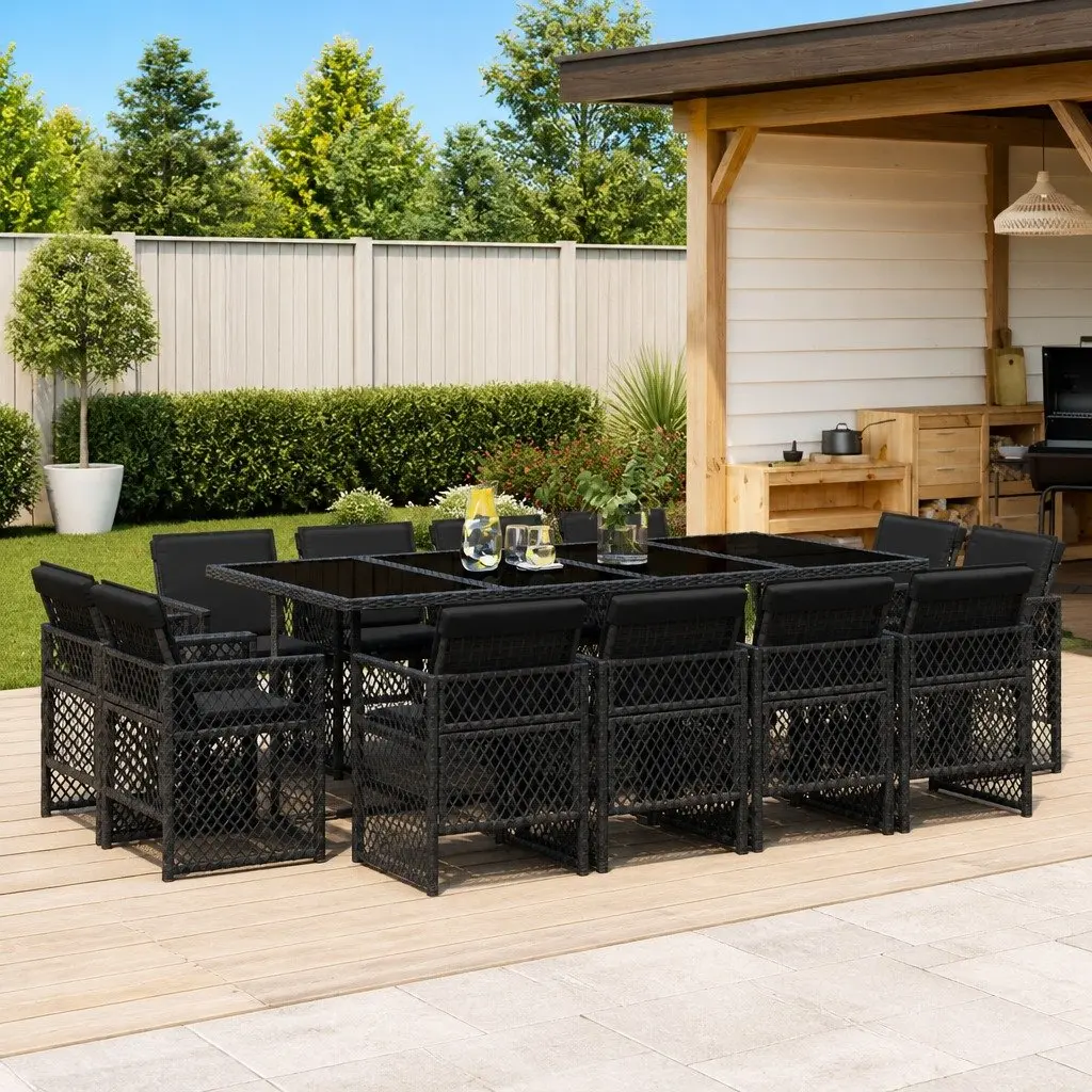 Garden Dining Set Outdoor Use 13 Piece Black Poly Rattan Chairs Table