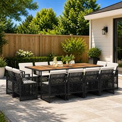 13 Piece Black Garden Dining Set - Rattan Chairs & Wood Table