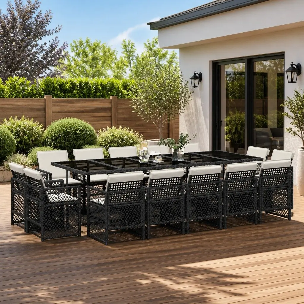 Garden Dining Set 15 Piece Outdoor Use Black Patio Furniture Table Chairs Cushions