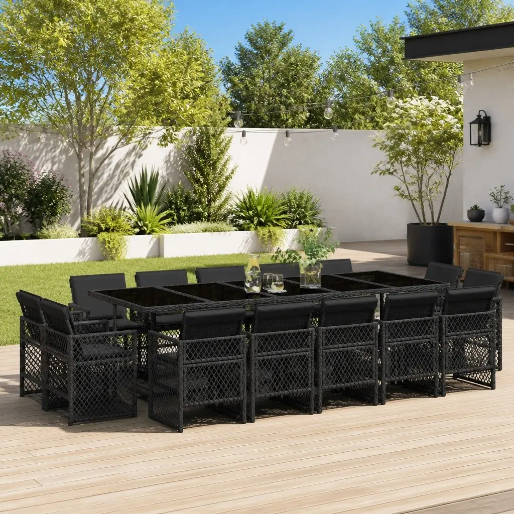 Outdoor Garden Dining Set 15 Piece Black Poly Rattan Chairs Table Cushions Patio