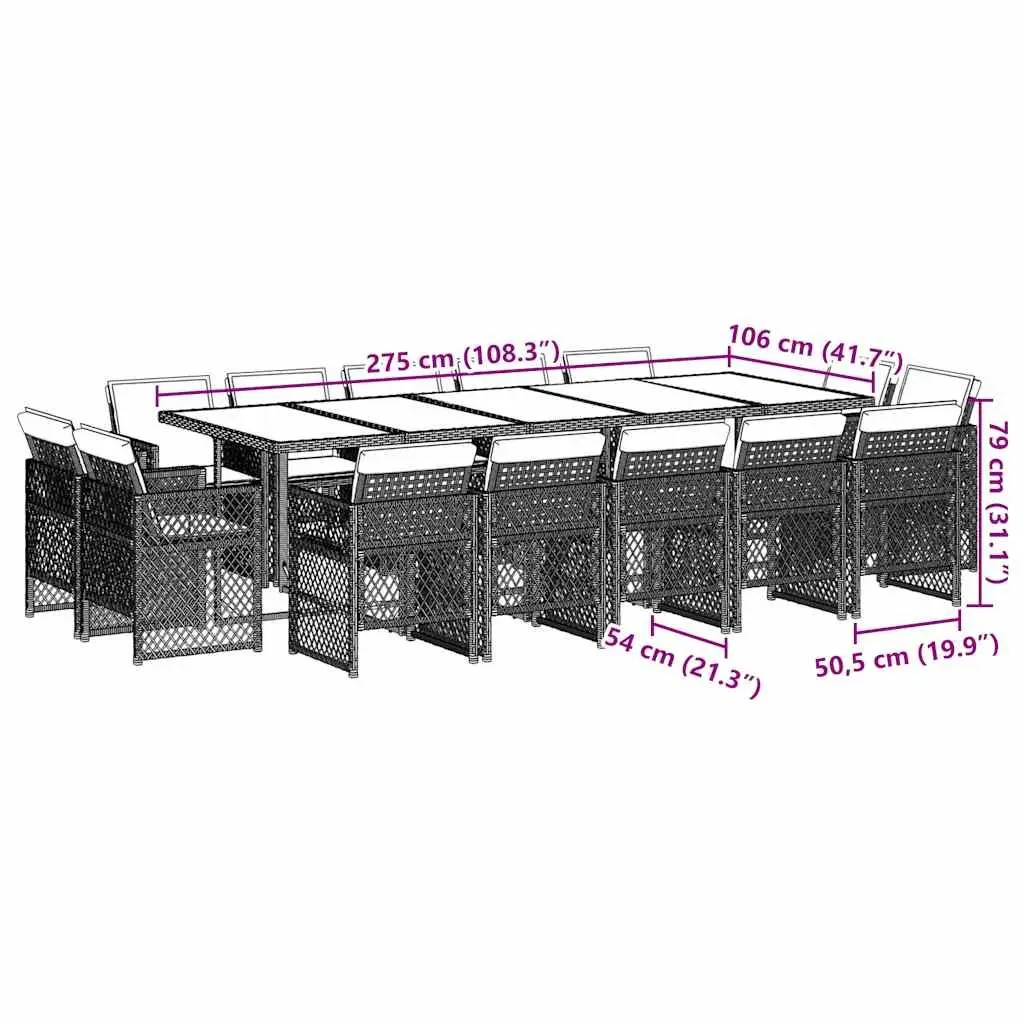 Outdoor Garden Dining Set 15 Piece Black Poly Rattan Chairs Table Cushions Patio