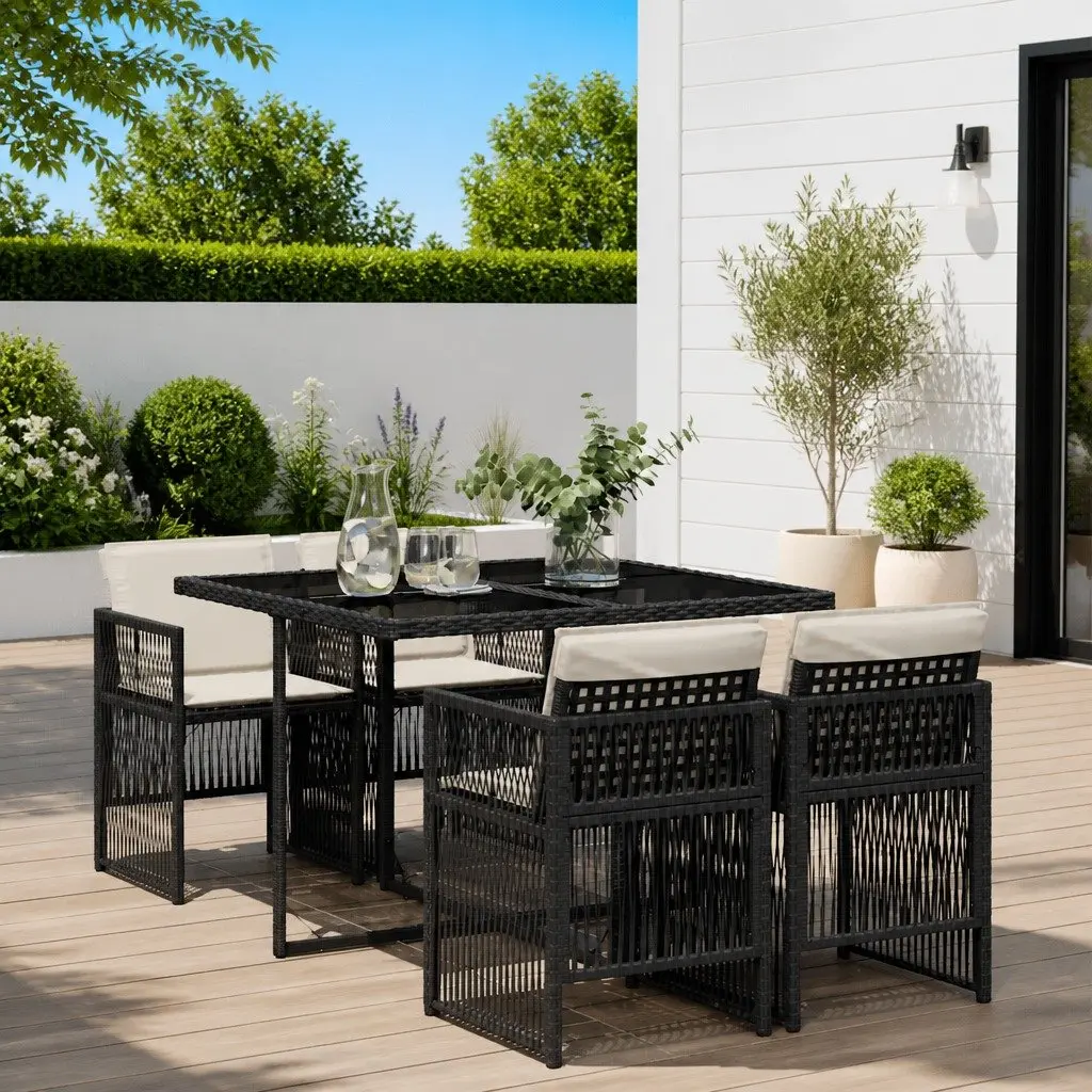 5 Piece Outdoor Dining Set Patio Furniture with Cushions Black Rattan Table and Chairs