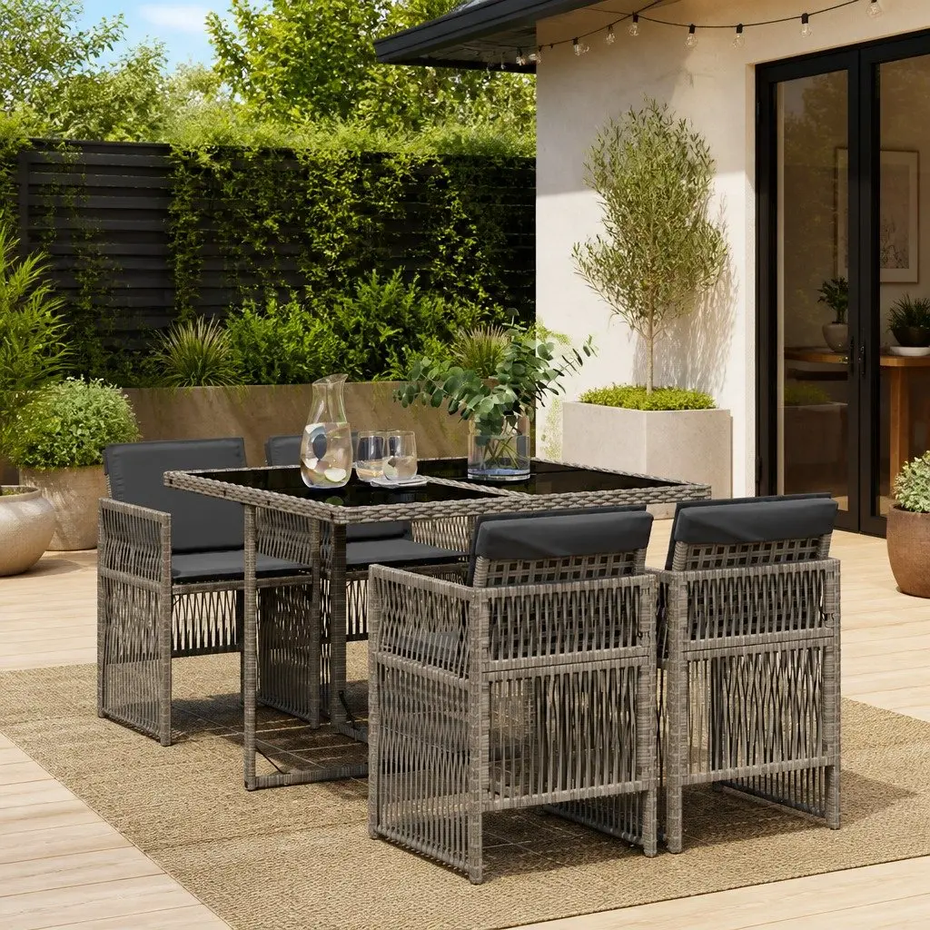 5 Piece Outdoor Dining Set for Patio Garden Grey Poly Rattan Furniture with Cushions