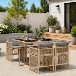 5 Piece Outdoor Dining Set: Beige Poly Rattan, Comfortable Cushions