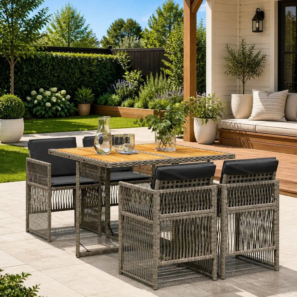 Garden Dining Set Outdoor 5 Piece Grey Poly Rattan Table Chairs with Cushions