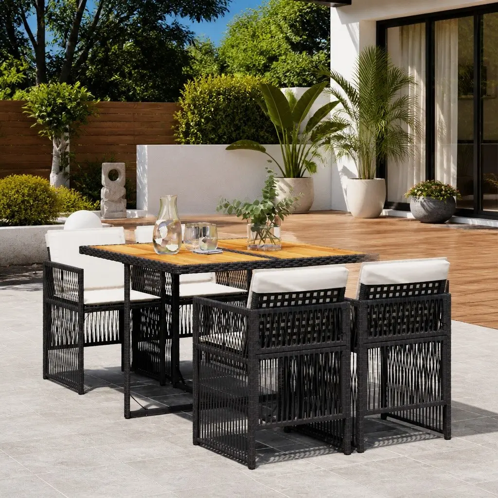 Outdoor Dining Set for Garden or Patio with 5 Pieces Including Foldable Chairs and Acacia Wood Table Black Poly Rattan and Cushions