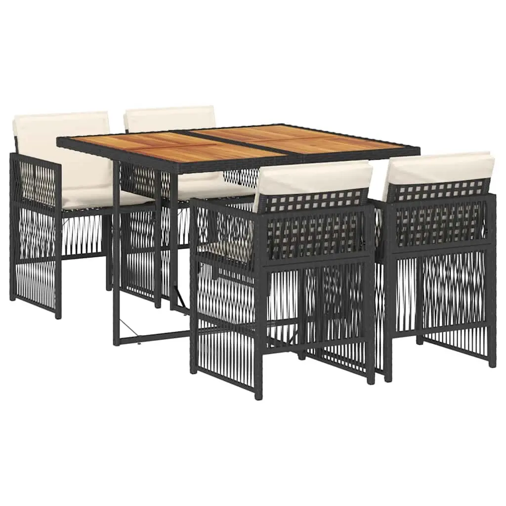 Outdoor Dining Set for Garden or Patio with 5 Pieces Including Foldable Chairs and Acacia Wood Table Black Poly Rattan and Cushions