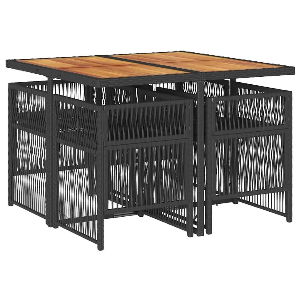 Outdoor Dining Set for Garden or Patio with 5 Pieces Including Foldable Chairs and Acacia Wood Table Black Poly Rattan and Cushions