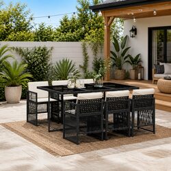 7 Piece Outdoor Dining Set: Black Rattan Chairs and Table