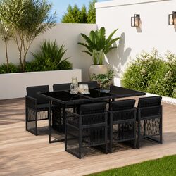 7 Piece Outdoor Dining Set Black Poly Rattan Foldable Chairs Tempered Glass