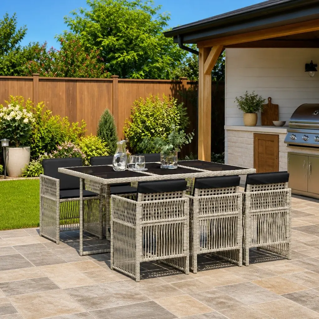 7 Piece Garden Dining Set Grey Poly Rattan Outdoor Furniture Patio Table Chairs