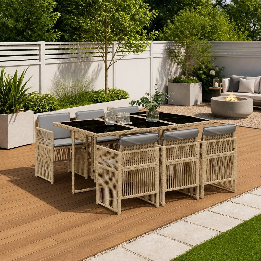 Beige Poly Rattan 7 Piece Outdoor Dining Set with Cushioned Chairs and Tempered Glass Table for Garden or Patio