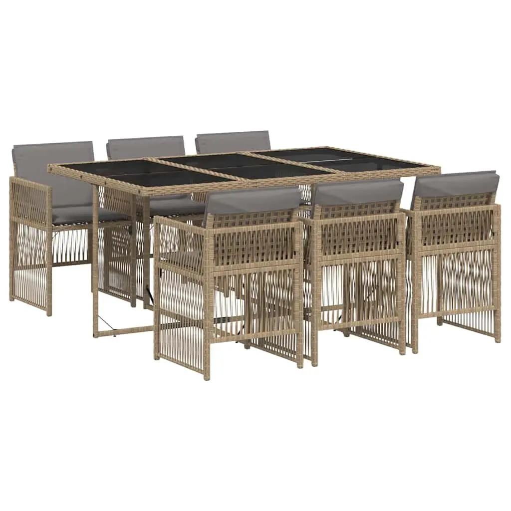 Beige Poly Rattan 7 Piece Outdoor Dining Set with Cushioned Chairs and Tempered Glass Table for Garden or Patio