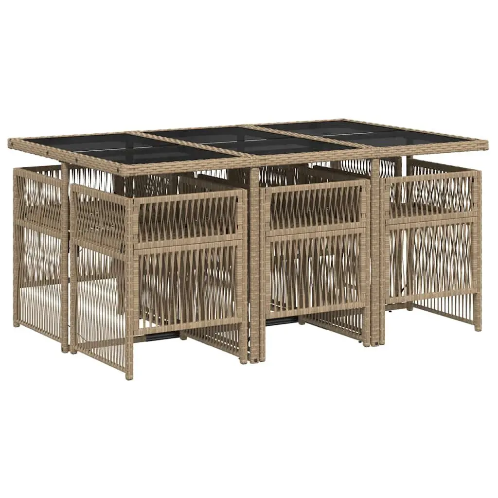 Beige Poly Rattan 7 Piece Outdoor Dining Set with Cushioned Chairs and Tempered Glass Table for Garden or Patio