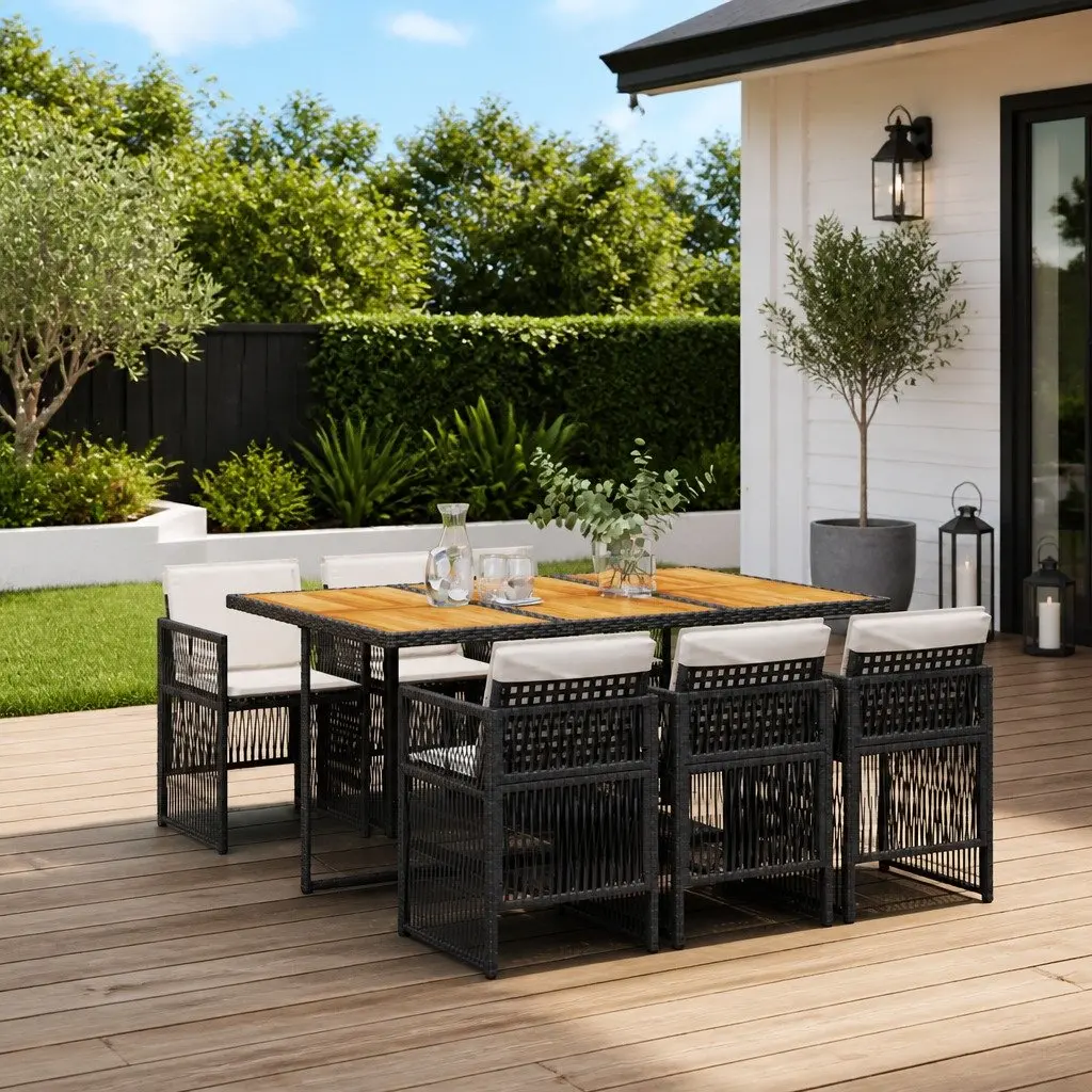 7 Piece Patio Dining Set Black Poly Rattan with Foldable Chairs and Acacia Wood Table for Outdoor Garden and Backyard Use